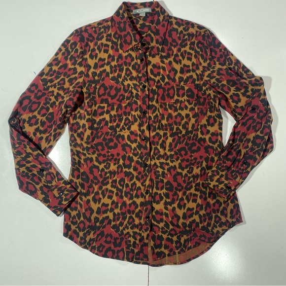 Go Silk Red Tan Black Leopard/Cheetah Print 100% Silk Button Down Blouse S - Picture 2 of 13